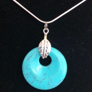 Turquoise Pendant w leaf bail and sterling chain